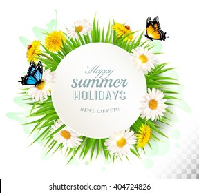 Happy summer holidays background with poppies, daisies and butterflies. Vector.