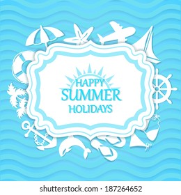 Happy summer holidays background with sea waves and icons