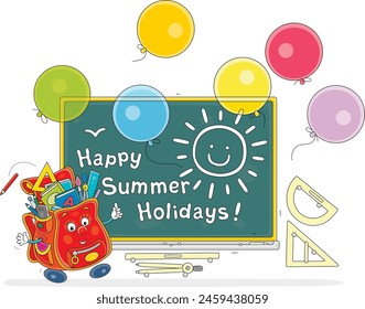 Feliz tarjeta de vacaciones de verano con un divertido bolso de caricatura y una pizarra con globos y felicitaciones para los escolares en el último día de un año escolar, caricatura de Vector