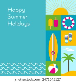 Happy Summer Holidays. Summer card with sun, beach, waves, surfboard, palm tree and flip flops.