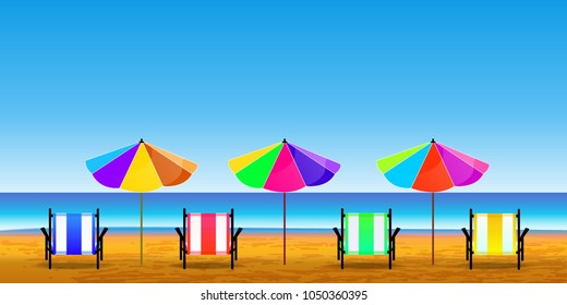 Happy summer holidays, colorful background. Tropical island, a beach chair and a ocean. Vacation vector banner. Summer holiday card with a beach vacation background. Vector.   