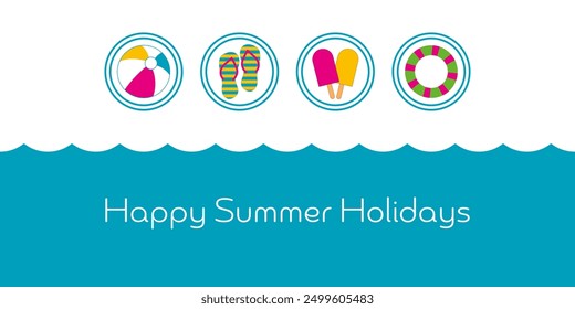 Happy Summer Holidays. Colorful card with flip-flops, beach ball, swimming ring and ice cream.