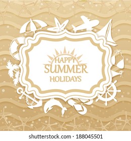 Happy summer holidays inscription, beach with sea icons