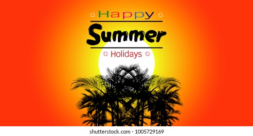 Happy summer holidays, palm trees on colorful background, coconut tree flat icon for vacation apps and websites.   