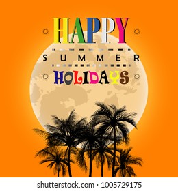 Happy summer holidays, palm trees on colorful background, coconut tree flat icon for vacation apps and websites.   