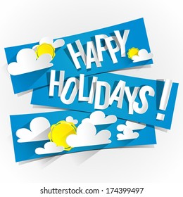 Happy Summer Holidays With Sun And Clouds On Blue Banners vector illustration
