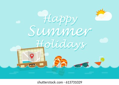 Happy summer holidays text under ocean or see with swimming journey things, flat cartoon style travel banner concept, vocation trip idea, summertime vector illustration background, tourism day poster