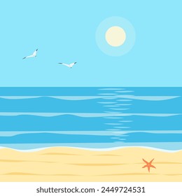 Felices vacaciones de verano. Vista del interminable azul desde la playa de arena con estrellas de mar, sol y gaviotas. Ilustración vectorial para tarjeta, póster, Fondo de pantalla.