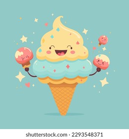 Feliz personaje de helado de verano con algunas maracas. Ilustración de colores Pastel