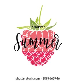 Happy Summer inscription on the background of raspberries. Vector illustration. Hand drawn