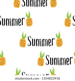 Happy Summer inscription on the background of pineapple. Vector illustration. Hand drawn