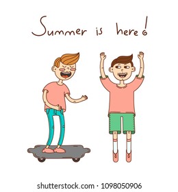 Happy summer kids having fun. Isolated characters and hand-written text