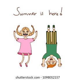 Happy summer kids having fun. Isolated characters and hand-written text