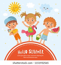 Happy summer kids on the frame. Summer greeting card template. Amazing childish design. Funny children, cute summer elements, happy vacation. 