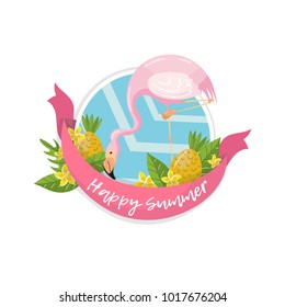Happy summer label, design element with palm leaves, flowers, pineapples and flamingo vector Illustration