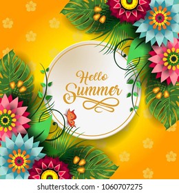 Happy Summer Label With Flowers-Editable The Writing can be Removed-With Space to Insert Your own Text-transparency blending effects and gradient mesh-EPS 10