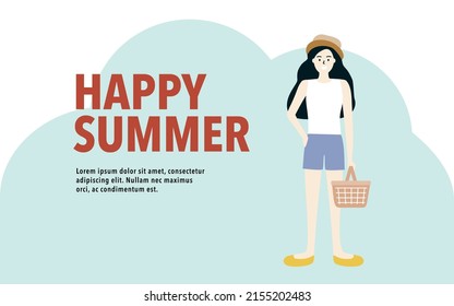 Happy Summer landing web page template design. Girl wearing tank top and shorts ready to have fun in hot summer. Use for web, banner, poster, app. Flat cartoon character vector design illustration.