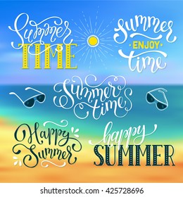 Happy summer lettering design. Enjoy summer greeting card template. Summer time wording collection on beach background.