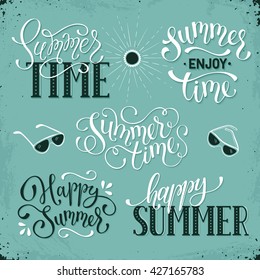 Happy summer lettering design. Enjoy summer greeting card template. Summer time wording collection on retro background.