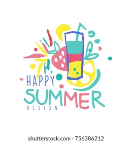 Happy summer logo design, label for summer holiday, restaurant, cafe, bar, menu, travel agency colorful hand drawn vector illustration