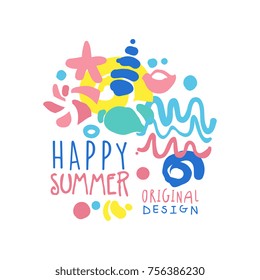 Happy summer logo original design, label for summer holiday, restaurant, cafe, bar, menu, travel agency colorful hand drawn vector illustration