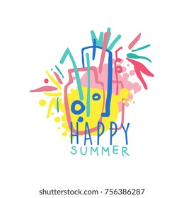 Happy summer logo template, label for summer holiday, restaurant, cafe, bar, menu, travel agency colorful hand drawn vector illustration
