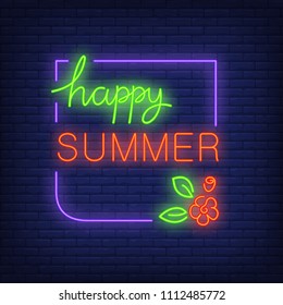 Happy summer neon text in frame with flower. Seasonal offer or sale advertisement design. Night bright neon sign, colorful billboard, light banner. Vector illustration in neon style.