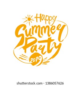 Happy Summer Party 2019 Vector Logo. Template For The Seasonal Party. Handwritten Font And Sun Vector Yellow Pattern.