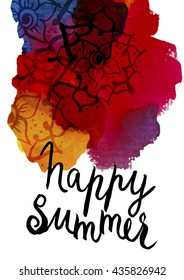 Happy Summer Party Flyer Template A4. Vector Design. Watercolor spot. Hand Drawn Lettering.