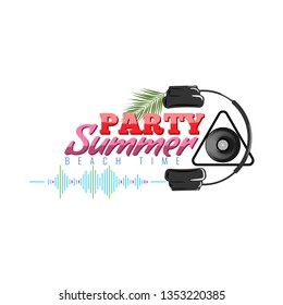 Happy Summer Party Logo with headphone and sound wave icon. Dj concert poster. Vector illustration.