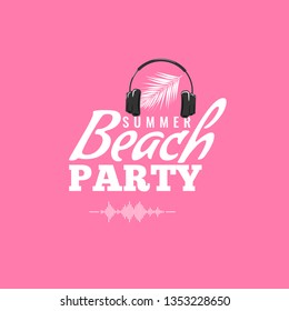 Happy Summer Party Logo with headphone and sound wave icon. Dj concert poster. Vector illustration.