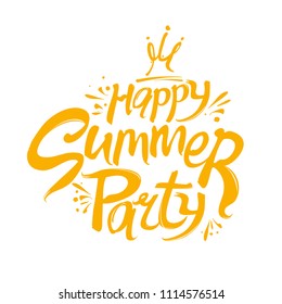 Happy Summer Party Logo. Template For The Seasonal Party. Handwritten Font And Crown Vector Yellow Pattern.