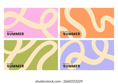 Happy summer pastel background set. Minimal abstract wavy wallpaper pack. Soft color summer banner pack. Pastel wavy line background design bundle. summer wave linear background collection.