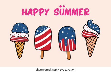 Happy Summer, Patriotic Ice Cream And Popsicle Set With Stripe And Stars, Cartoon Doodle Vector Illustration