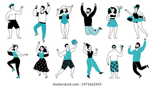 Happy summer people. Funny teens group, cartoon jumping sport person. Crazy man woman, young flat travel characters decent vector set