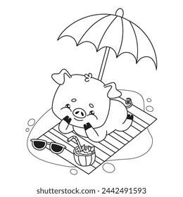 Happy summer piglet sunbathing resting on beach towel under sun umbrella. Cute outline animal cartoon character. Line drawing, coloring book. Vector illustration. Kids collection