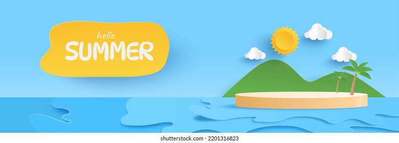 Feliz verano. Plataforma de podio para mostrar productos en el mar. Playa natural tropical en verano con cocoteros. Ilustración de corte de papel y estilo artesanal