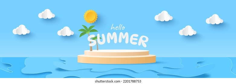 Happy summer. Podium platform to show product on the sea. Tropical nature beach in summer with coconut tree. Paper cut and craft style illustration