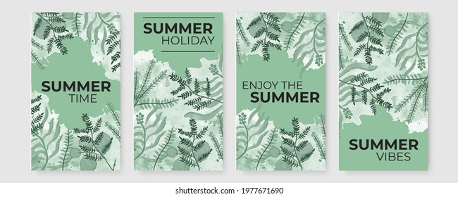 Happy summer post stories background set, green and vectored. Flat and lined style with nature, geometric and other abstract elements in hand drawn style. Suitable for social media, post cards or ads.
