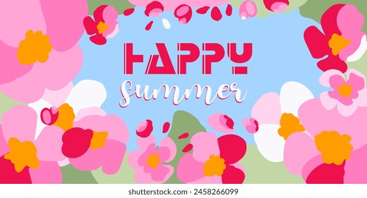 Happy summer, poster frame, pink apple flowers, lush sakura foliage, simple white flower, plant card template, horizontal frame, wallpaper, fabric, fabric, wallpaper cute vector