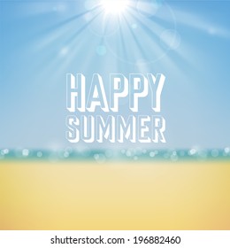 Happy summer. Poster on tropical beach background. Vector eps10.
