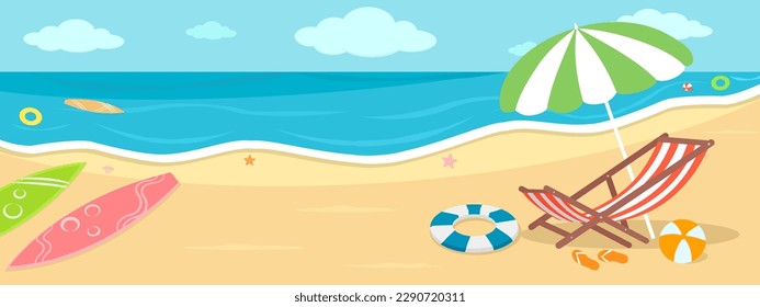 Happy summer sand beach banner vector illustration, colorful background of deck chair, umbrella, swim ring, surfboard, ball, starfish, shell on sea shore coast, bright life outdoor activity  sunny day