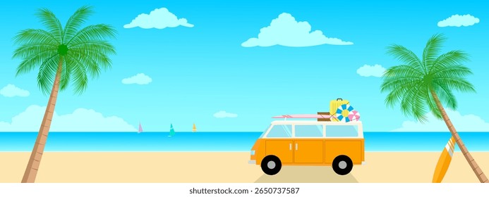 Happy summer sand beach banner vector illustration, orange van bus with surfboard, luggage, swim ring, and ball on the beach on topical beach. Camper van on beach with coconut trees. Outdoor activity.