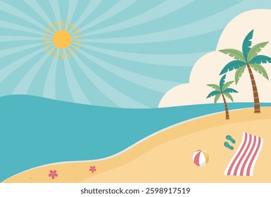 happy summer sand beach vector illustration with palm tree, flipflop, and ball for banners, cards, flyers, social media wallpapers