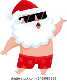 Happy Summer Santa Claus Cartoon Character Waving For Greeting. Vector Illustration Flat Design Isolated On Transparent Background