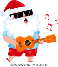 Happy Summer Santa Claus Cartoon Character Playing A Guitar And Singing. Vector Illustration Flat Design Isolated On Transparent Background