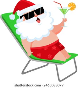 Happy Summer Santa Claus Cartoon Character Lying In Deck Chair And Drinking Cocktail. Vector Illustration Flat Design Isolated On Transparent Background