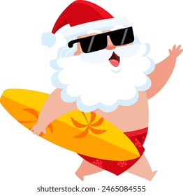 Feliz Verano Santa Claus Personaje De Dibujos Animados Corriendo Con Una Tabla De Surf. Diseño Plano De Ilustración vectorial Aislado Sobre Fondo Transparente