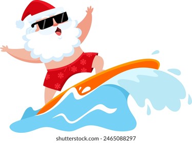 Happy Summer Santa Claus Cartoon Character Surfing And Riding A Wave. Vector Illustration Flat Design Isolated On Transparent Background