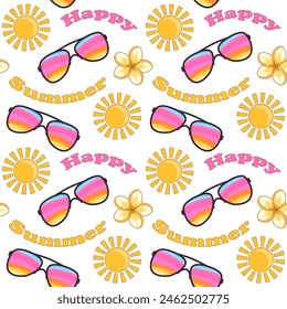 Patrón de Vector sin costuras de verano feliz con gafas de sol, sol y flores, diseño para Fondo de pantalla decorativo, impresión textil, embalaje.